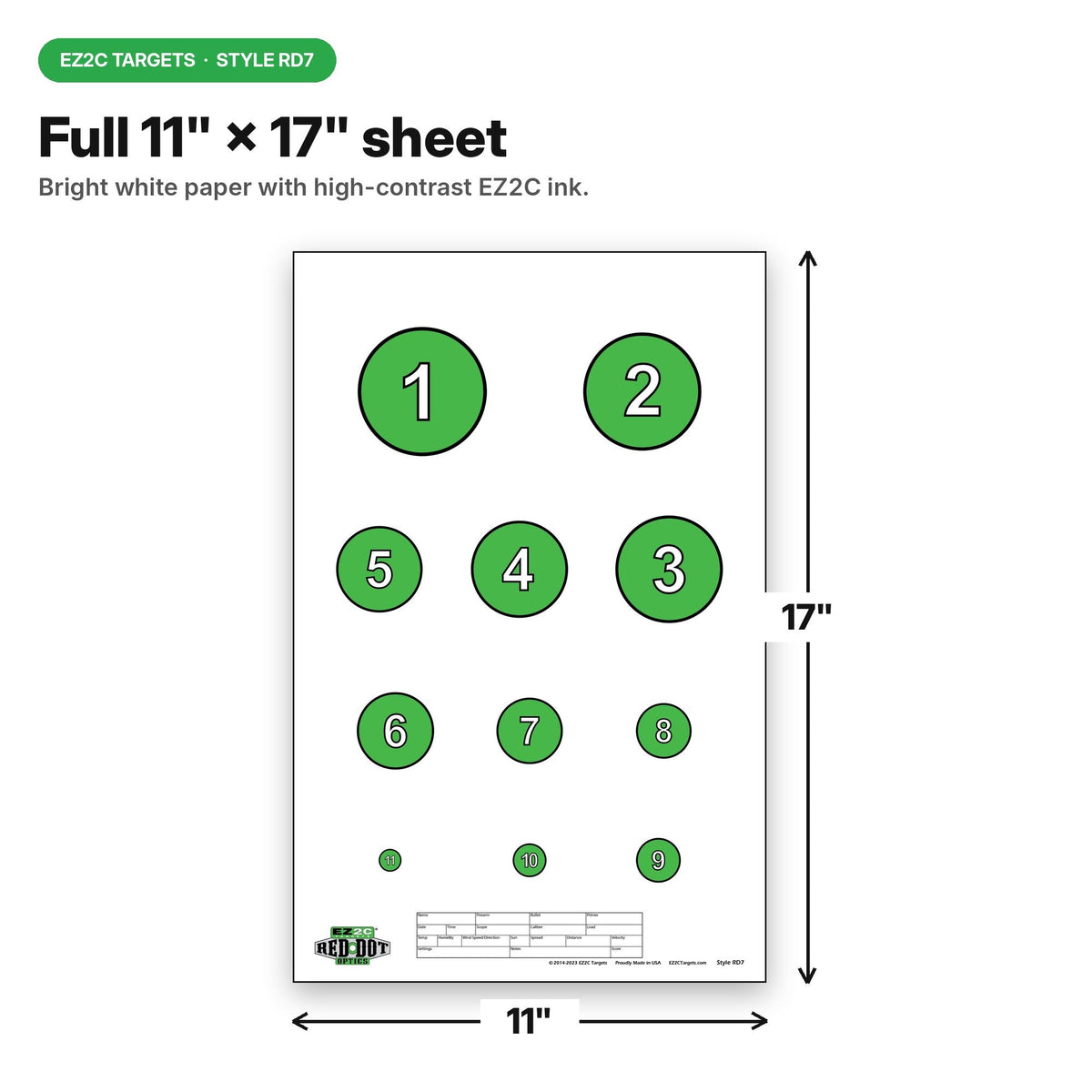 25 EZ2C Targets RD7 Reducing Circles Paper Shooting Targets USA Made 11"x17" Pad of 25