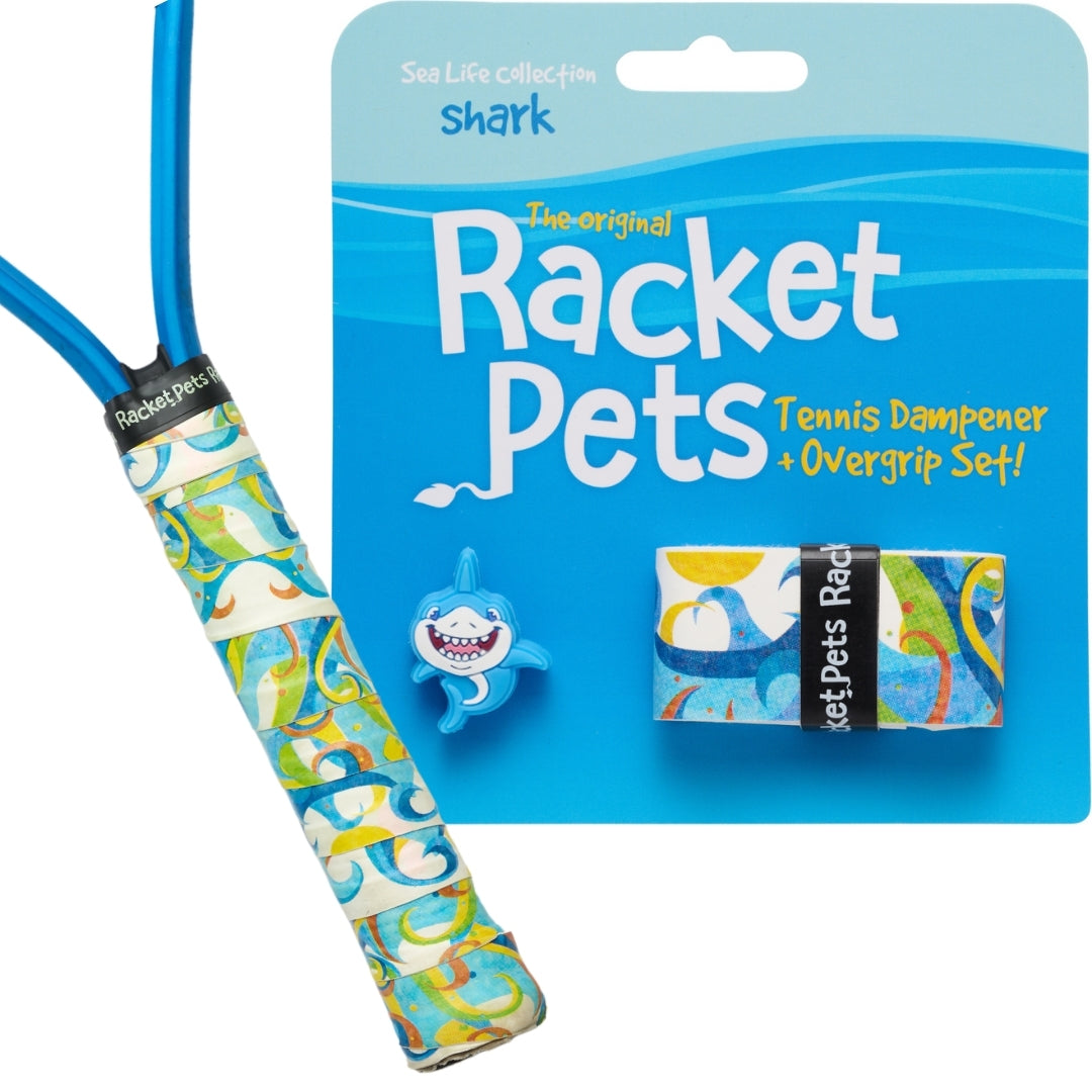 Racket Pets Shark Tennis Overgrip Tape and Matching Shock Absorbing Dampener for Tennis Racket