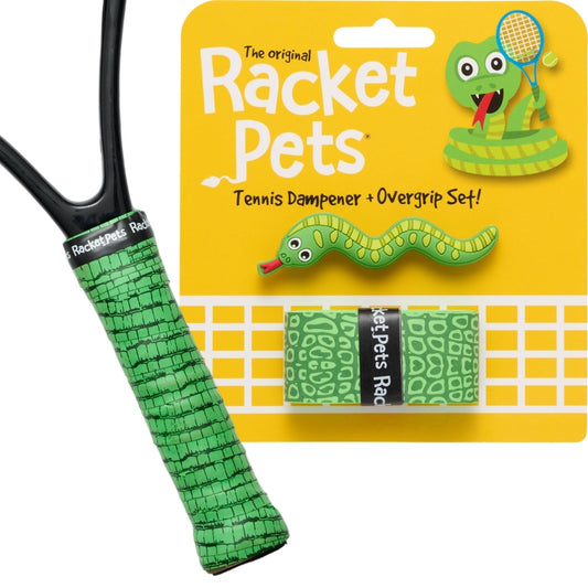 Racket Pets Snake Green Tennis Overgrip Tape and Matching Shock Absorbing Dampener for Tennis Racket