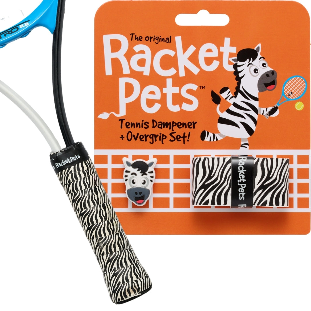 Racket Pets Zebra Black/White Tennis Overgrip Tape and Matching Shock Absorbing Dampener for Tennis Racket