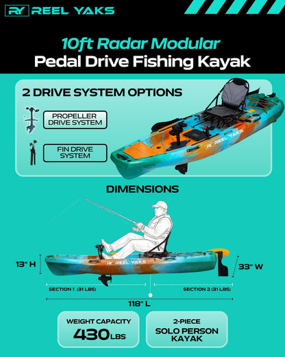 ReelYaks 10ft Radar Modular Propeller Drive Pedal Fishing Kayak | 430lbs Capacity | 2 Piece