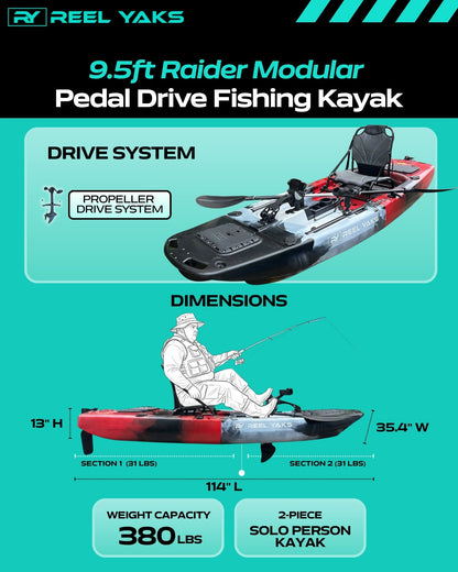 ReelYaks 9.5ft Raider Modular Propeller Drive Pedal Fishing Kayak | 380lbs Capacity | 2 Piece