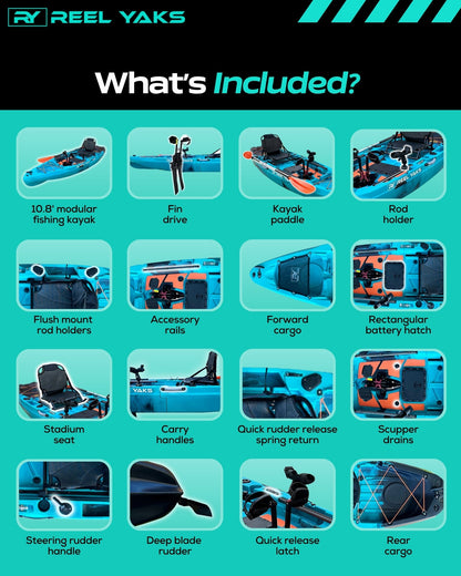 ReelYaks 10.8ft Rapido Modular Fin Drive Pedal Fishing Kayak | 440lbs Capacity | 2 Piece