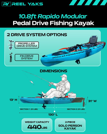 ReelYaks 10.8ft Rapido Modular Propeller Drive Pedal Fishing Kayak | 440lbs Capacity | 2 Piece