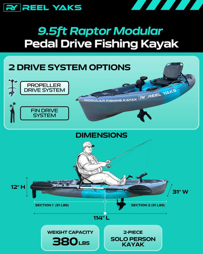 ReelYaks 9.5ft Raptor Modular Propeller Drive Pedal Fishing Kayak | 380lbs Capacity | 2 Piece
