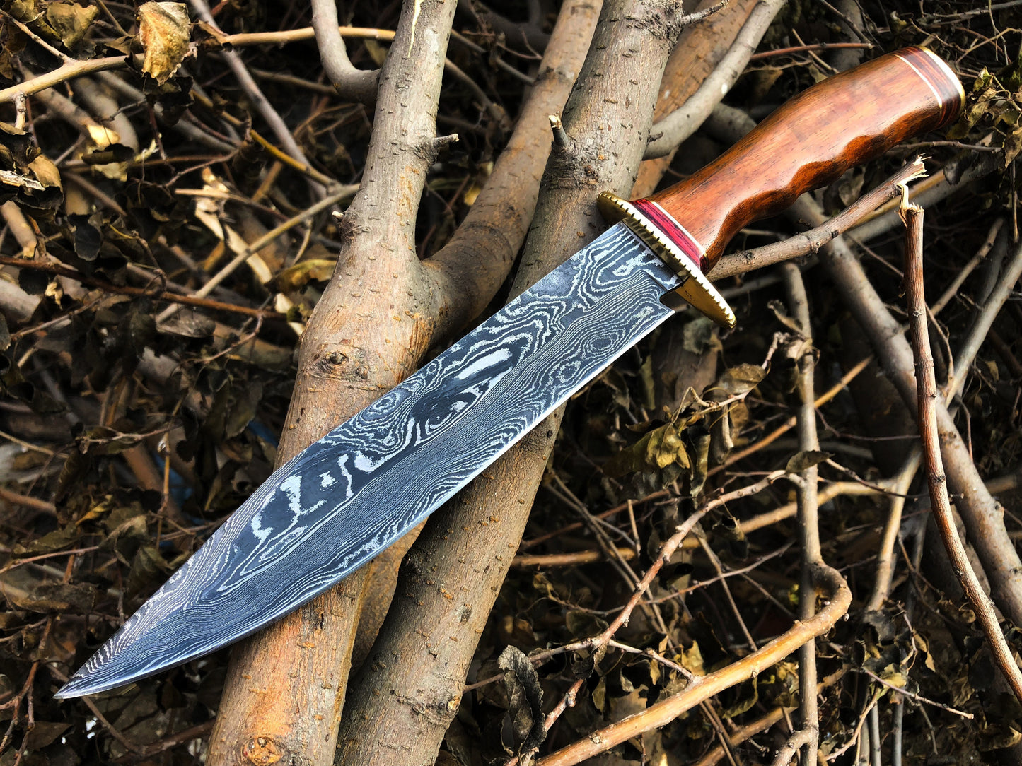 KBS Knives Real Bowie Knife for Sale – Custom Handmade Damascus Steel Blade with Walnut Wood Handle, Brass Guard & Leather Sheath | 14-Inch Hunting Knife – KBS Knives