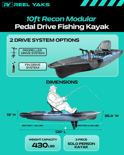 ReelYaks 10ft Recon Modular Fin Drive Pedal Fishing Kayak | 430lbs Capacity | 2 Piece