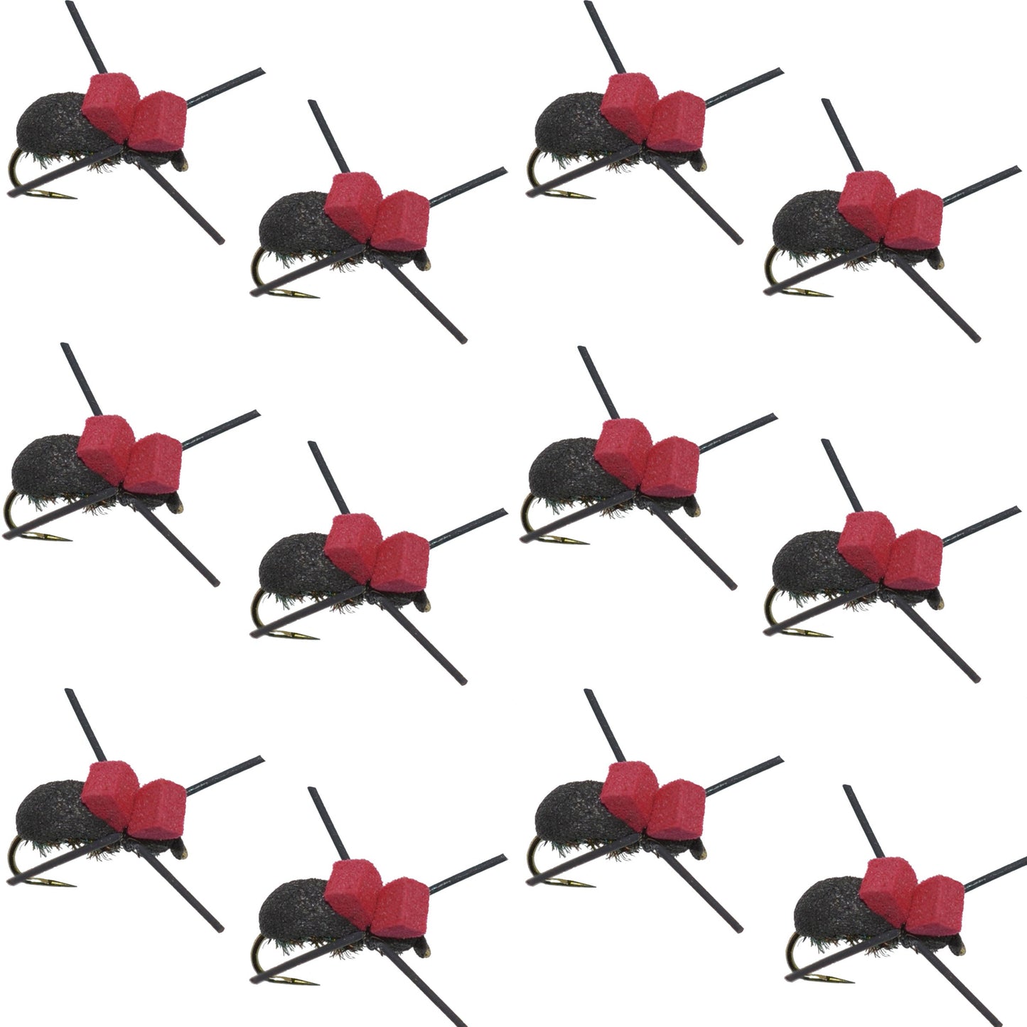 The Fly Fishing Place Barbless Red Top Black Foam Beetle Terrestrial Trout Dry Fly Fishing Flies - 1 Dozen Flies Size 14