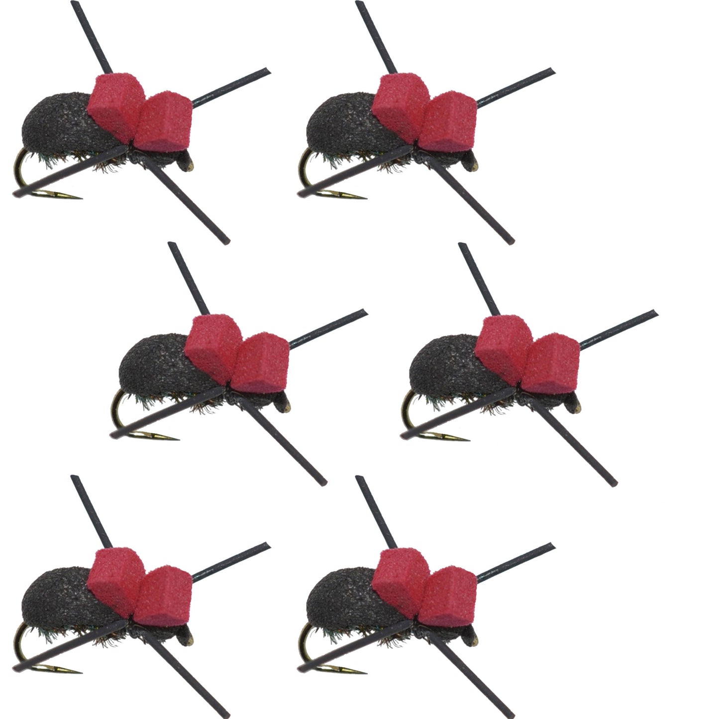 The Fly Fishing Place Barbless Red Top Black Foam Beetle Terrestrial Trout Dry Fly Fishing Flies - 6 Flies Size 14