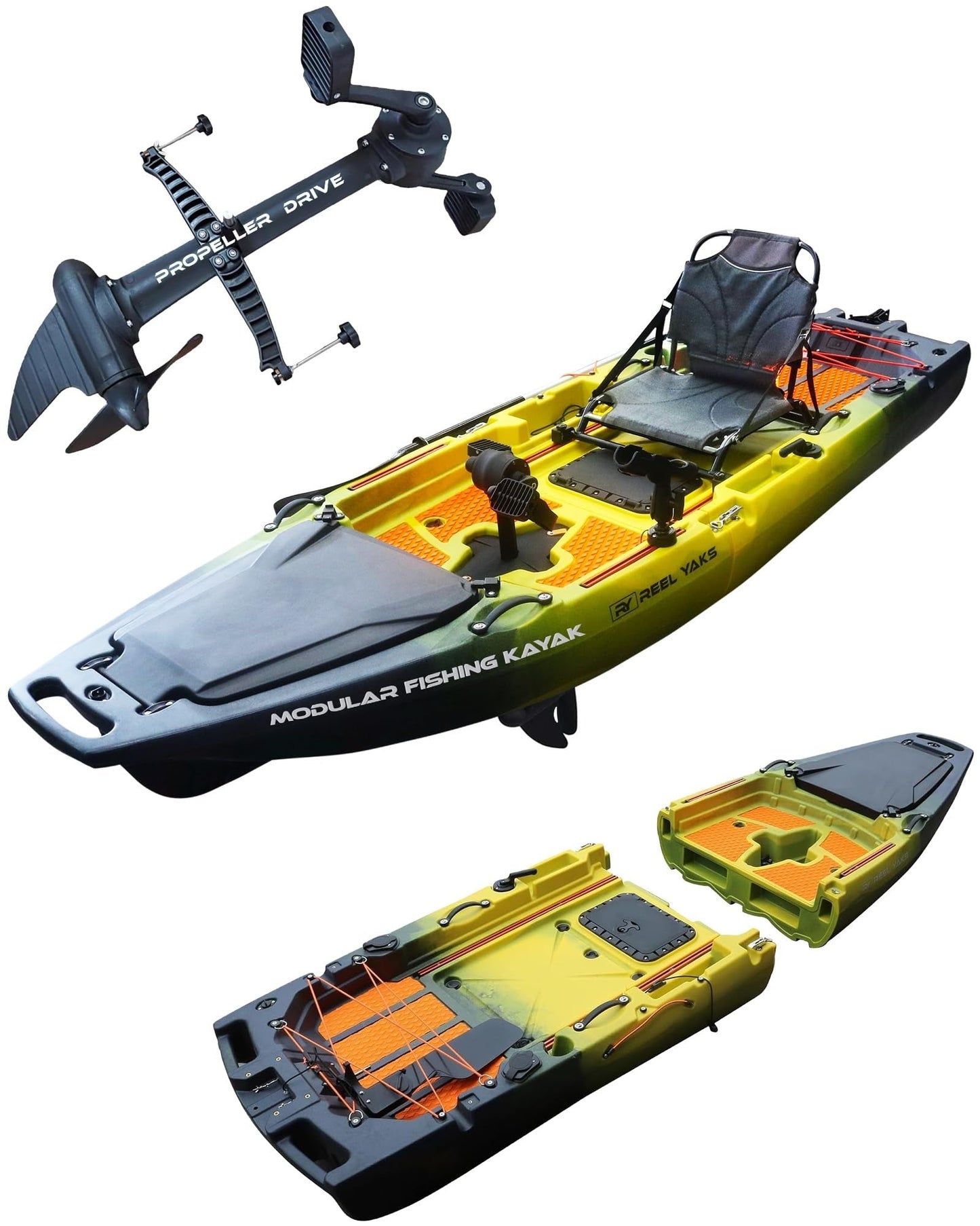 ReelYaks 9.8ft Rocket Propeller Drive Modular Pedal Fishing Kayak | 400lbs Capacity | 2 Piece
