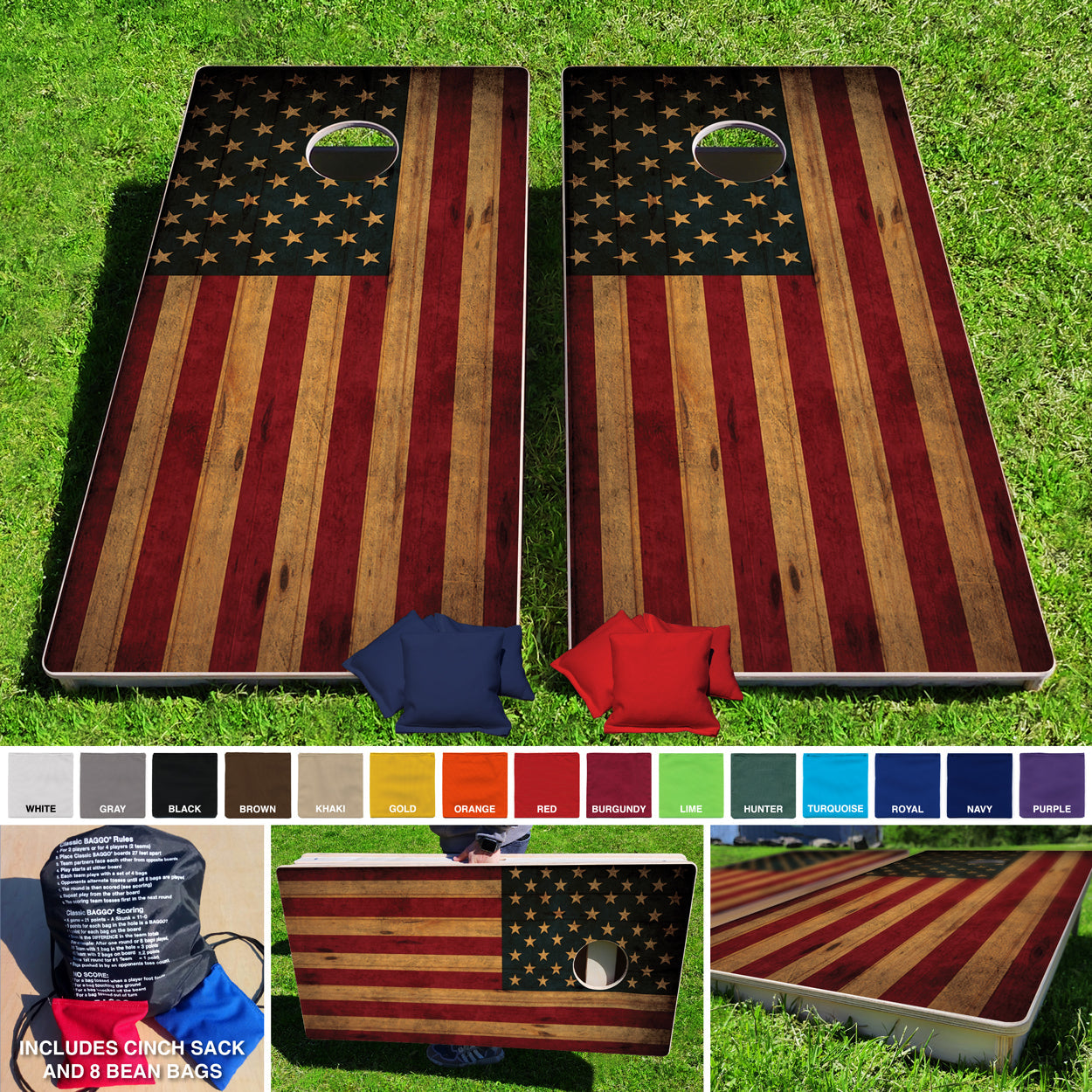 Baggo Rough American Flag Pro Style Cornhole Bean Bag Toss Game 24x48 with 8 Regulation 16oz Bags