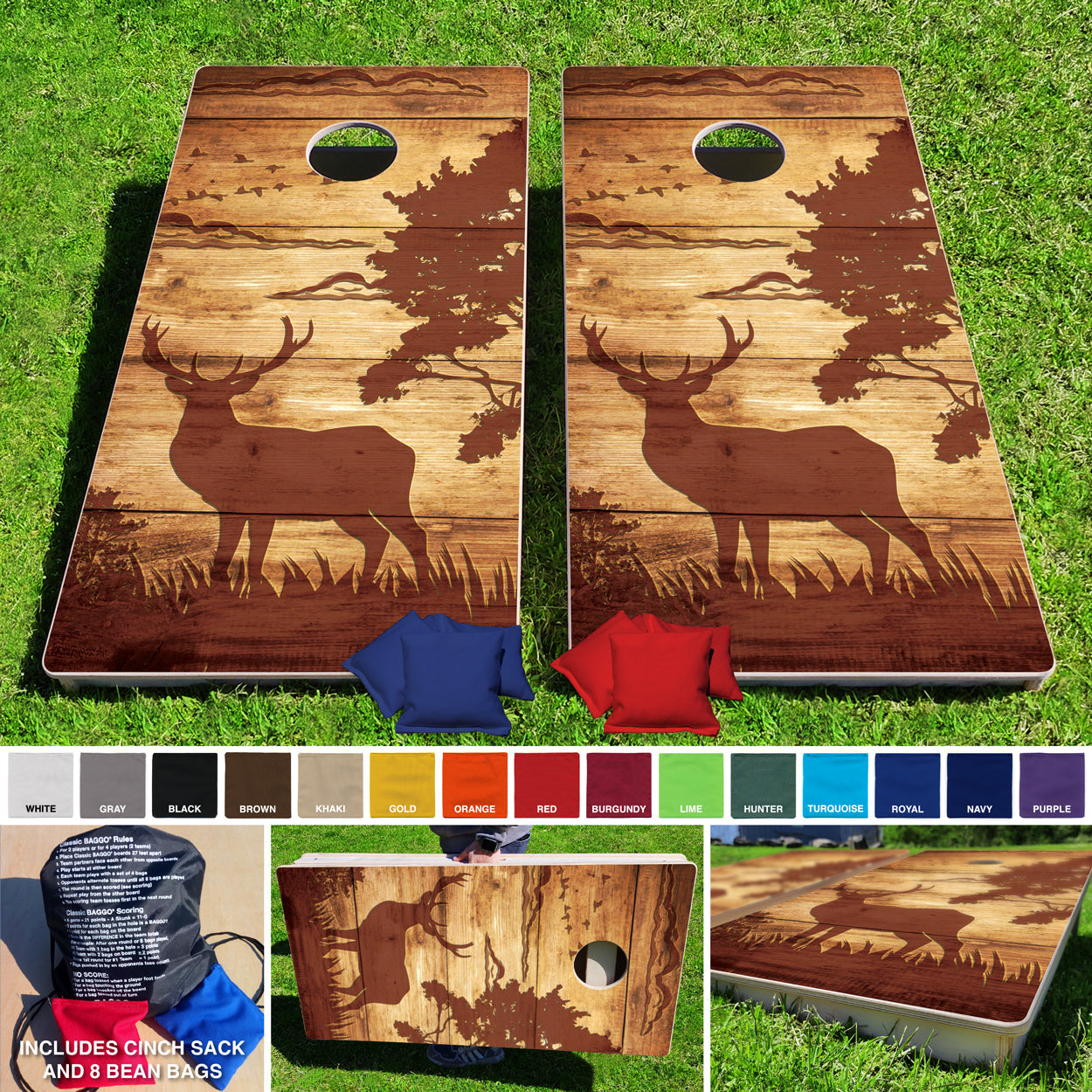 Baggo Rustic Deer Pro Style Cornhole Bean Bag Toss Game 24x48 with 8 Regulation 16oz Bags
