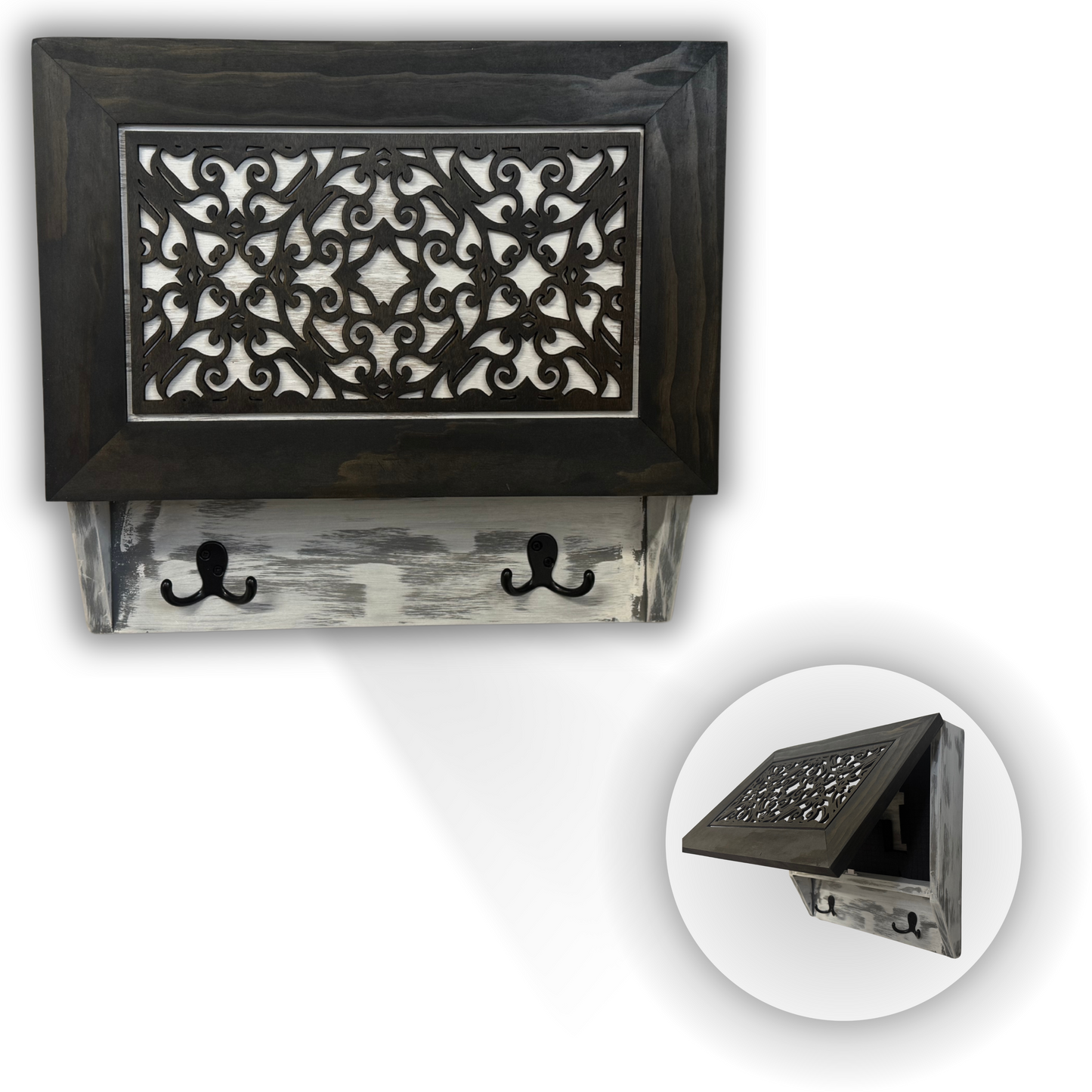 Bellewood Designs - Rustic Diamond Hidden Gun Cabinet – Ornate Concealment Coat Rack with Multi-Purpose Hooks