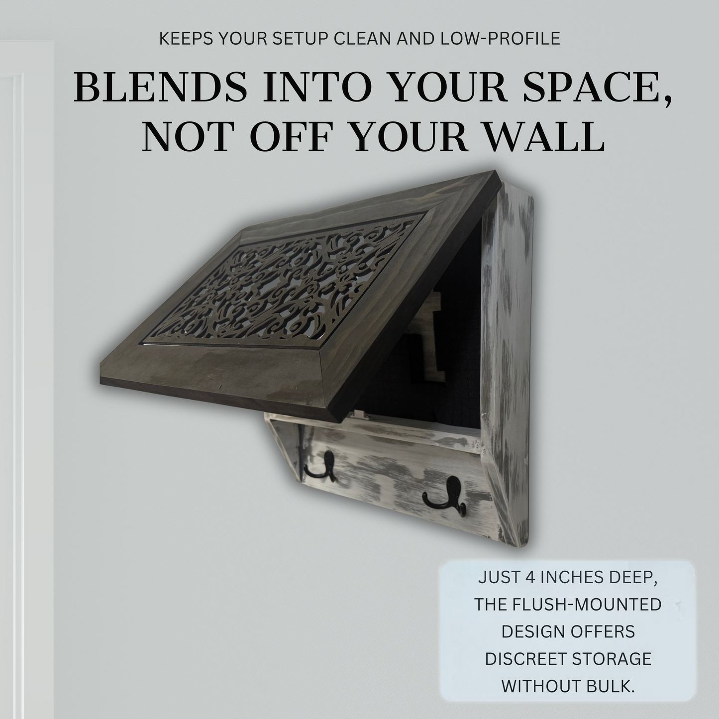 Bellewood Designs - Rustic Diamond Hidden Gun Cabinet – Ornate Concealment Coat Rack with Multi-Purpose Hooks