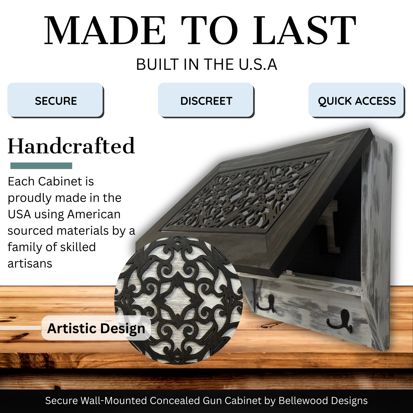 Bellewood Designs - Rustic Diamond Hidden Gun Cabinet – Ornate Concealment Coat Rack with Multi-Purpose Hooks