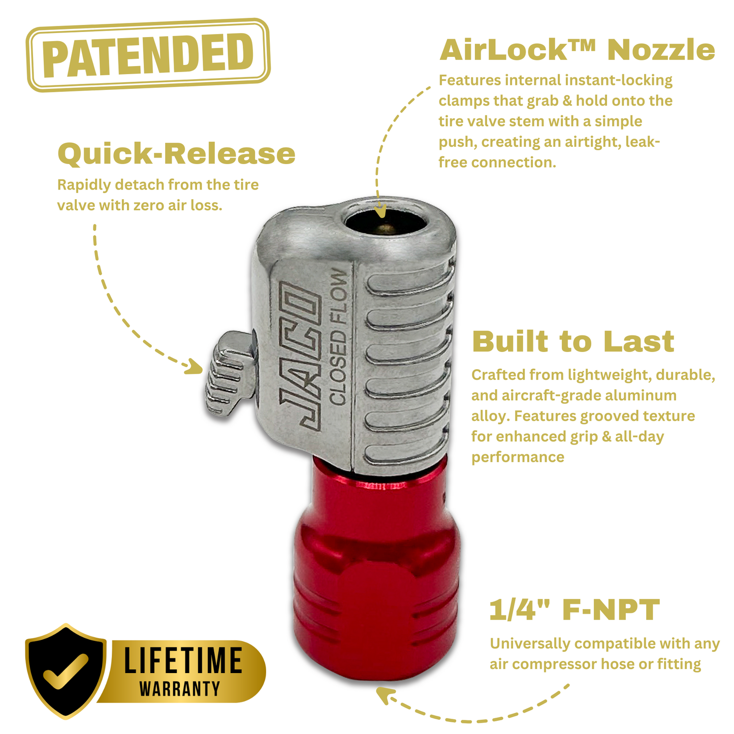 Jaco Lightning™ S2-Series Tire Air Chuck | Open Flow, 1/4" F-NPT (2 Pack)