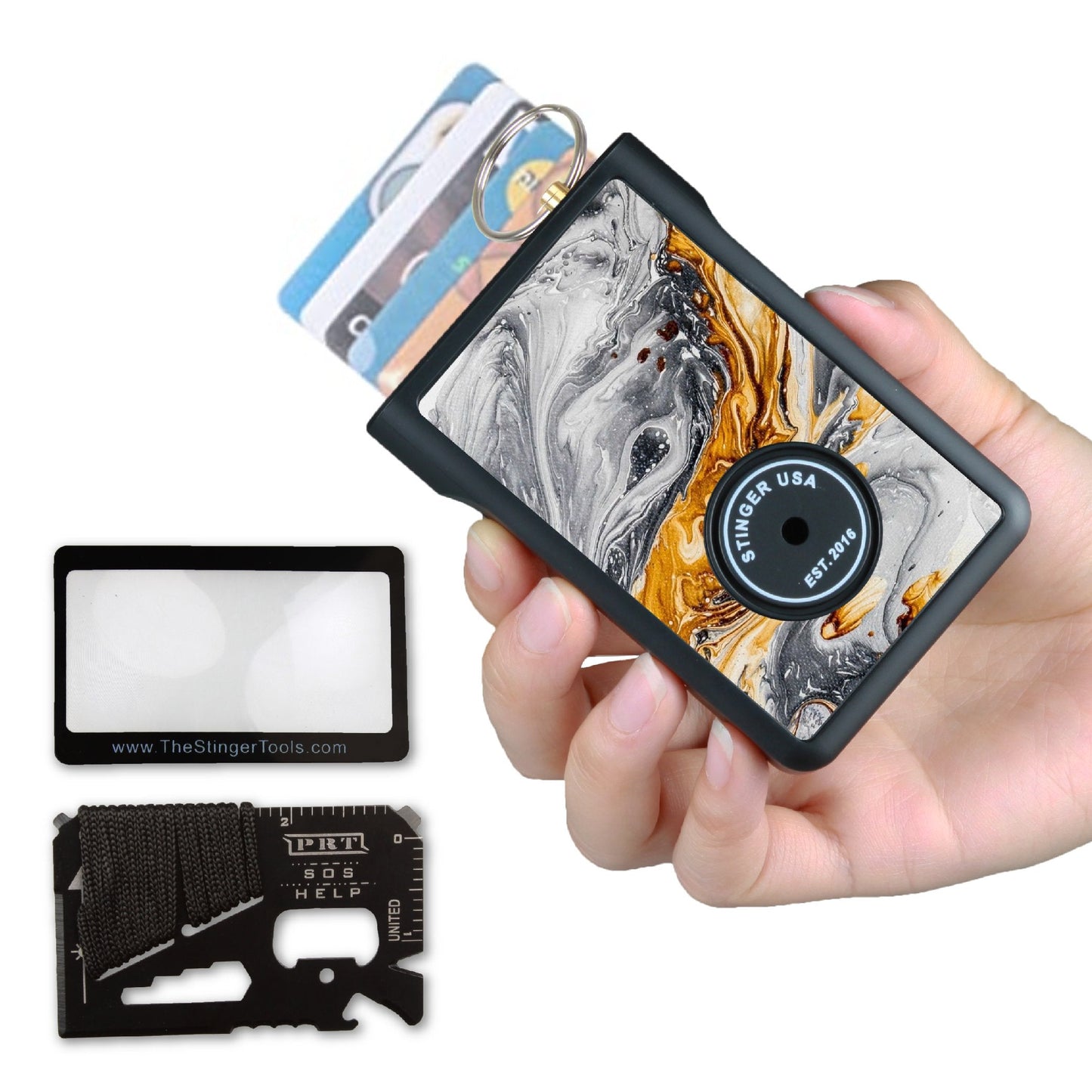 Stinger Survival Tools Safety Wallet With Personal Alarm Multi Functional Tool (Black Marble)