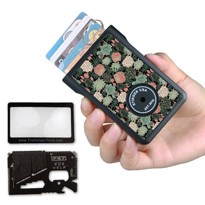 Stinger Survival Tools Safety Wallet With Personal Alarm Multi Functional Tool (Green Flower)