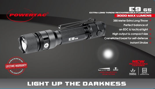 Powertac E9 GEN5 + Spare Battery Power Bundle - 3,000 Lumen Tactical Flashlight with Backup Power