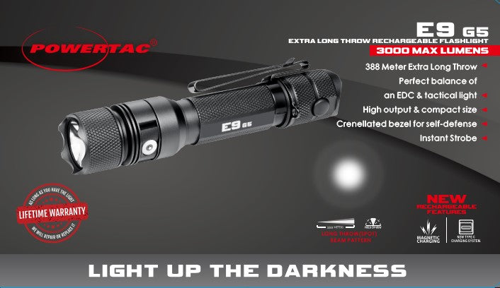Powertac E9 GEN5 + Spare Battery Power Bundle - 3,000 Lumen Tactical Flashlight with Backup Power