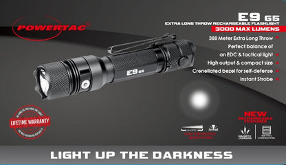 Powertac E9 GEN5 + Spare Battery Power Bundle - 3,000 Lumen Tactical Flashlight with Backup Power