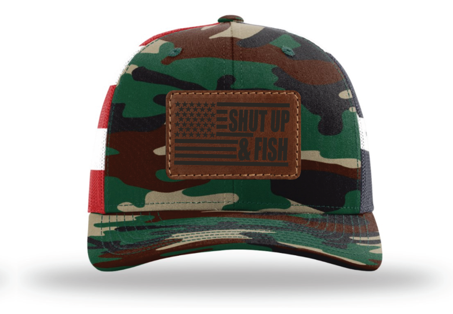 Vicious  Shut Up & Fish Flag Patch - Green Camo/USA Flag