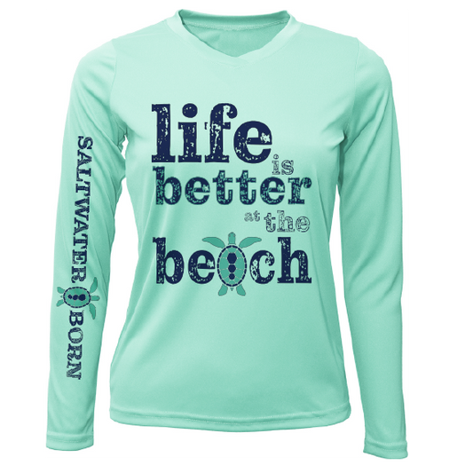 Saltwater Born Cocoa Beach, FL "Life is Better at The Beach" Turtle Women's Long Sleeve UPF 50+ Dry-Fit Shirt