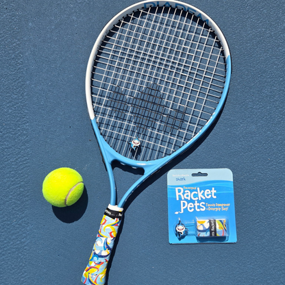 Racket Pets VALUE PACK - A Blue Shark Racket Pet Tennis Dampener and Blue Overgrip Tape with a (Pack of 2) Replacement Overgrip Tape