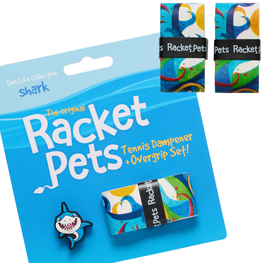 Racket Pets VALUE PACK - A Blue Shark Racket Pet Tennis Dampener and Blue Overgrip Tape with a (Pack of 2) Replacement Overgrip Tape