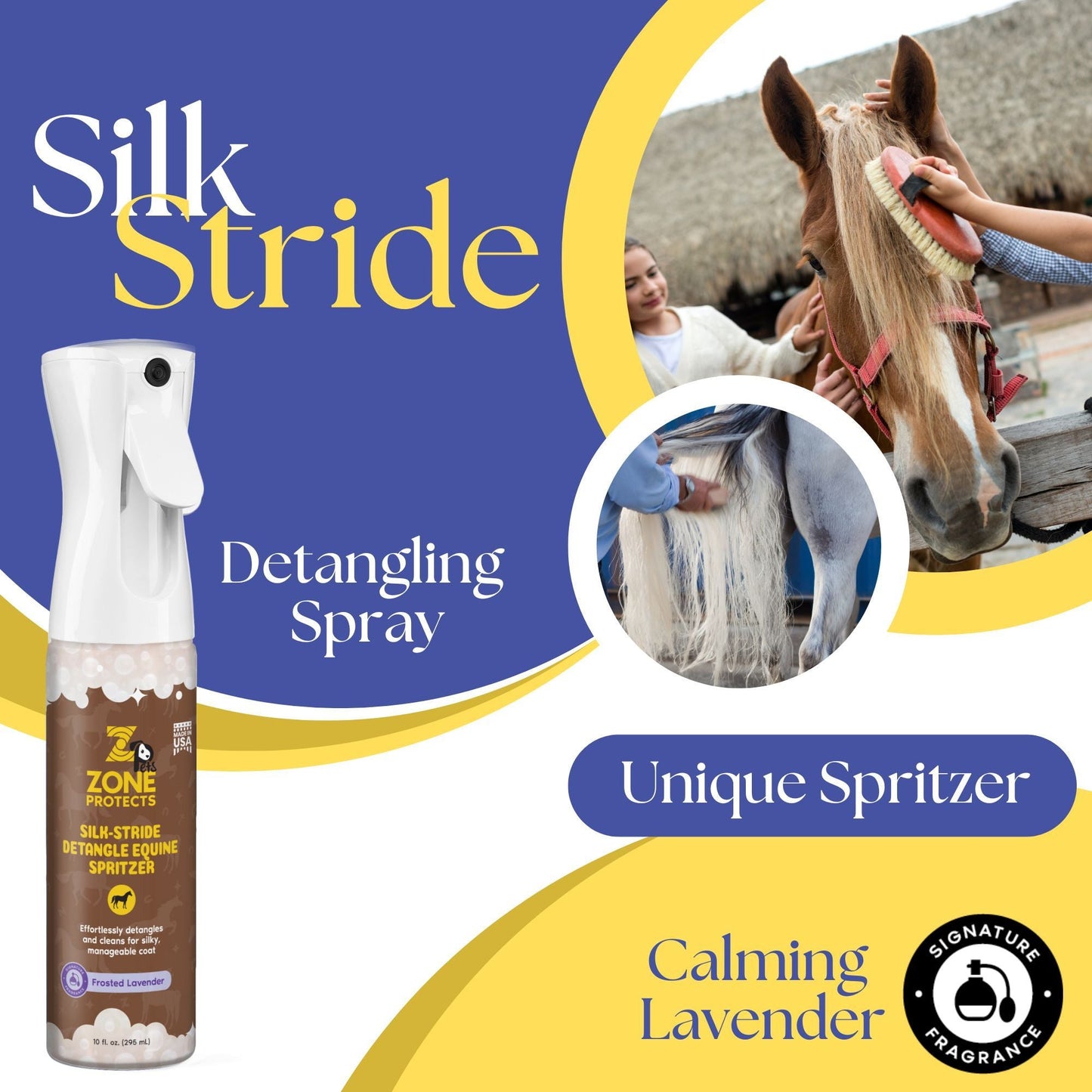 Zone Protects Silk Stride Detangle Equine Spritzer, Frosted Lavender