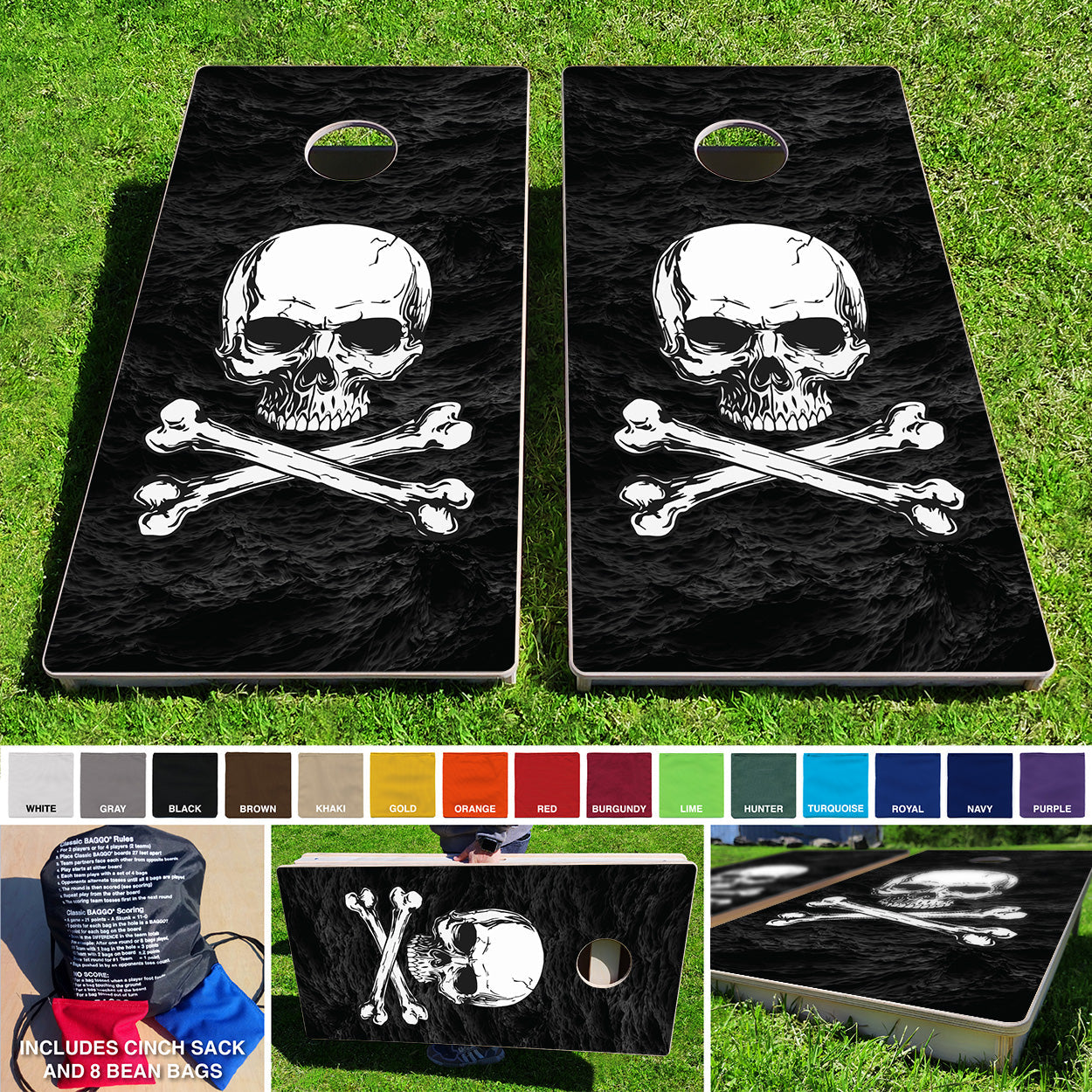 Baggo Pirate Skull & Bones Black Sea Pro Style Cornhole Bean Bag Toss Game 24x48 with 8 Regulation 16oz Bags