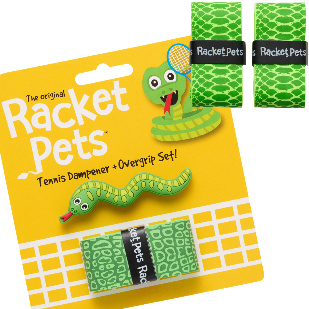 Racket Pets VALUE PACK - A Green Snake Racket Pet Tennis Dampener and Overgrip Tape with a (Pack of 2) Replacement Overgrip Tape