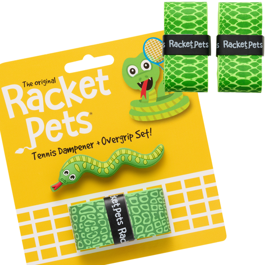Racket Pets VALUE PACK - A Green Snake Racket Pet Tennis Dampener and Overgrip Tape with a (Pack of 2) Replacement Overgrip Tape