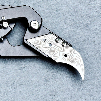 Stinger Survival Tools Laser Engraved Utility Razor Blades, Utility Knife Blades Replacement -Hook Blade Damascus Silver for Dog Tag Blade only