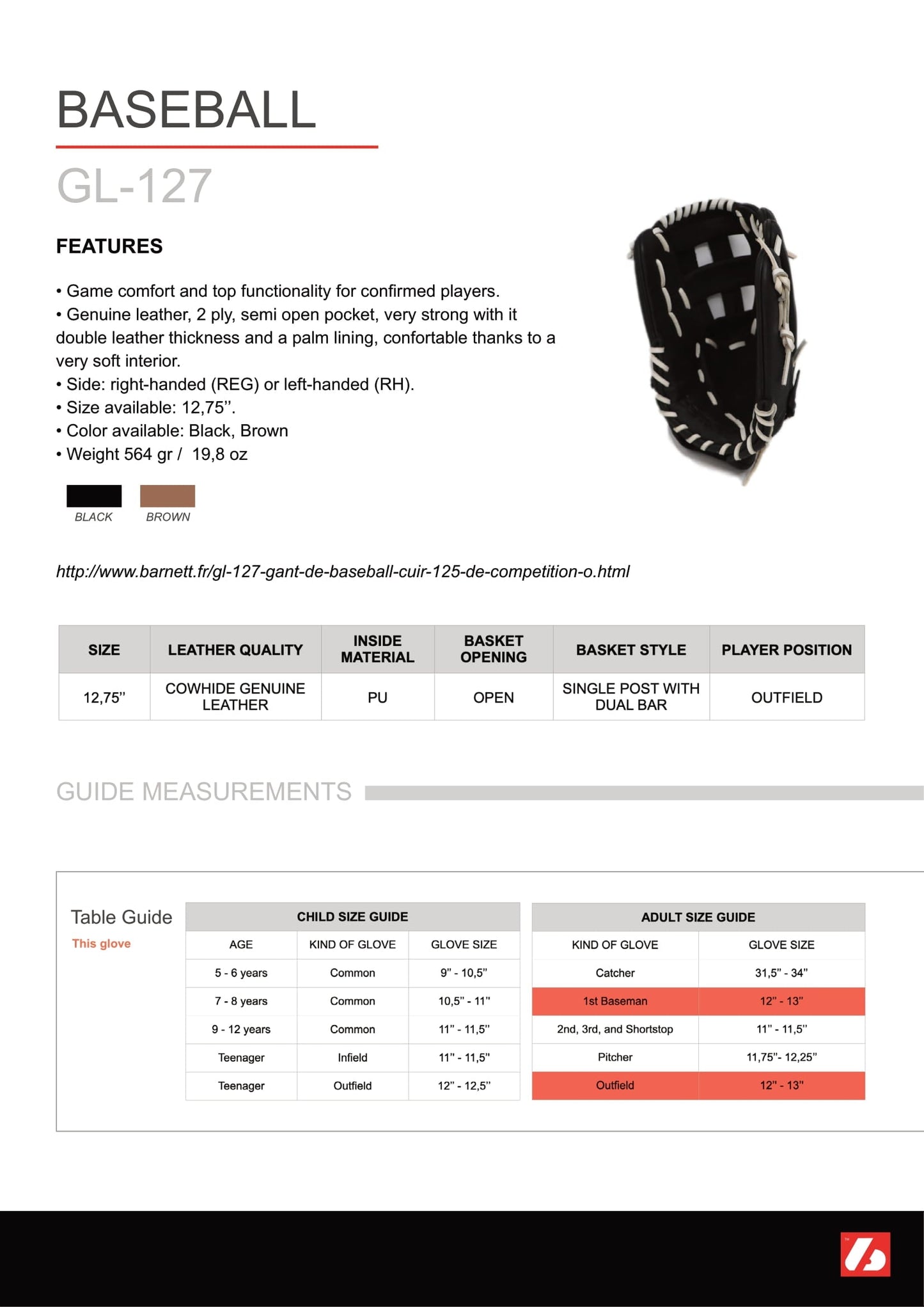 Barnett GL-127 Competition baseball glove, genuine leather, outfield 12.7, Brown