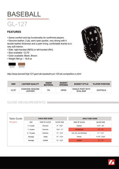 Barnett GL-127 Competition baseball glove, genuine leather, outfield 12.7, Brown