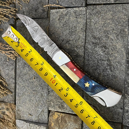 Texan Knives Damascus Steel Pocket Knife with Texas Flag Handle – 3" Blade, Leather Sheath