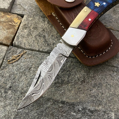 Texan Knives Damascus Steel Pocket Knife with Texas Flag Handle – 3" Blade, Leather Sheath