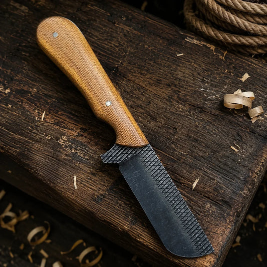 Frontier Cowboy Gear The Ironhorse – Custom Handmade Old Farrier Horse Rasp Steel Bull Cutter Knife with Brown Micarta Handle & Leather Sheath