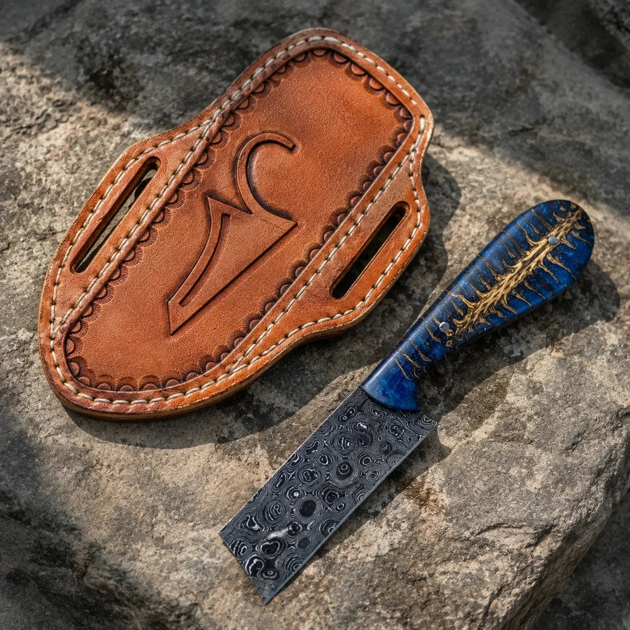 Frontier Cowboy Gear The Midnight Rider – Custom Handmade Damascus Steel Bull Cutter Knife with Blue Epoxy Pine Cone Resin Handle & Leather Sheath