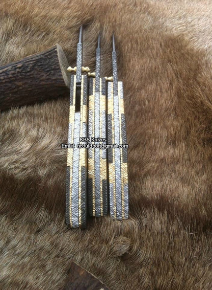 KBS Knives Everyday Carry Set of 3 Hand Engraved Damascus Steel Folding Pocket Knives with Steel and Brass Handles – The TriGuard Collection