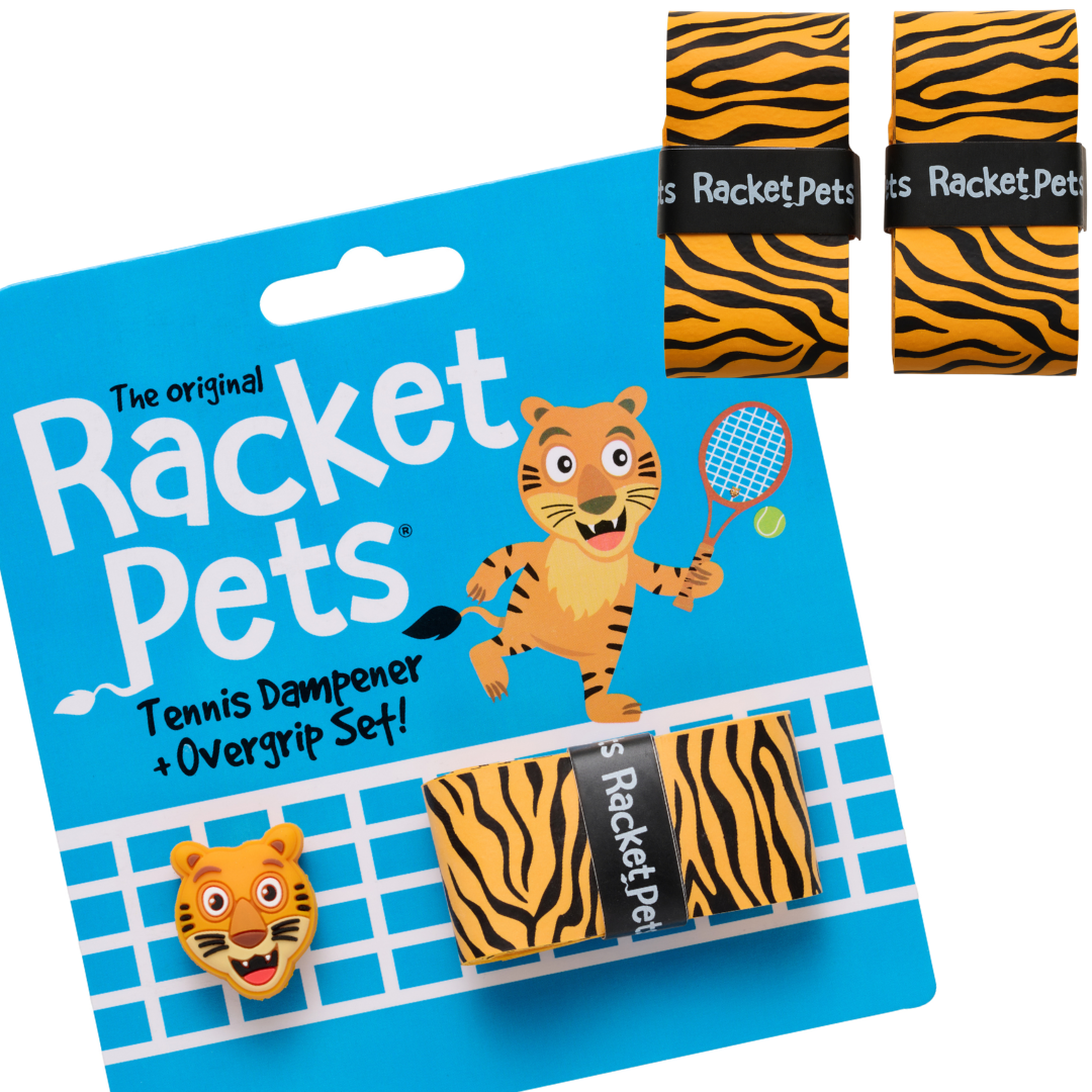 Racket Pets VALUE PACK - A Yellow Tiger Racket Pet Tennis Dampener and Overgrip Tape with a (Pack of 2) Replacement Overgrip Tape
