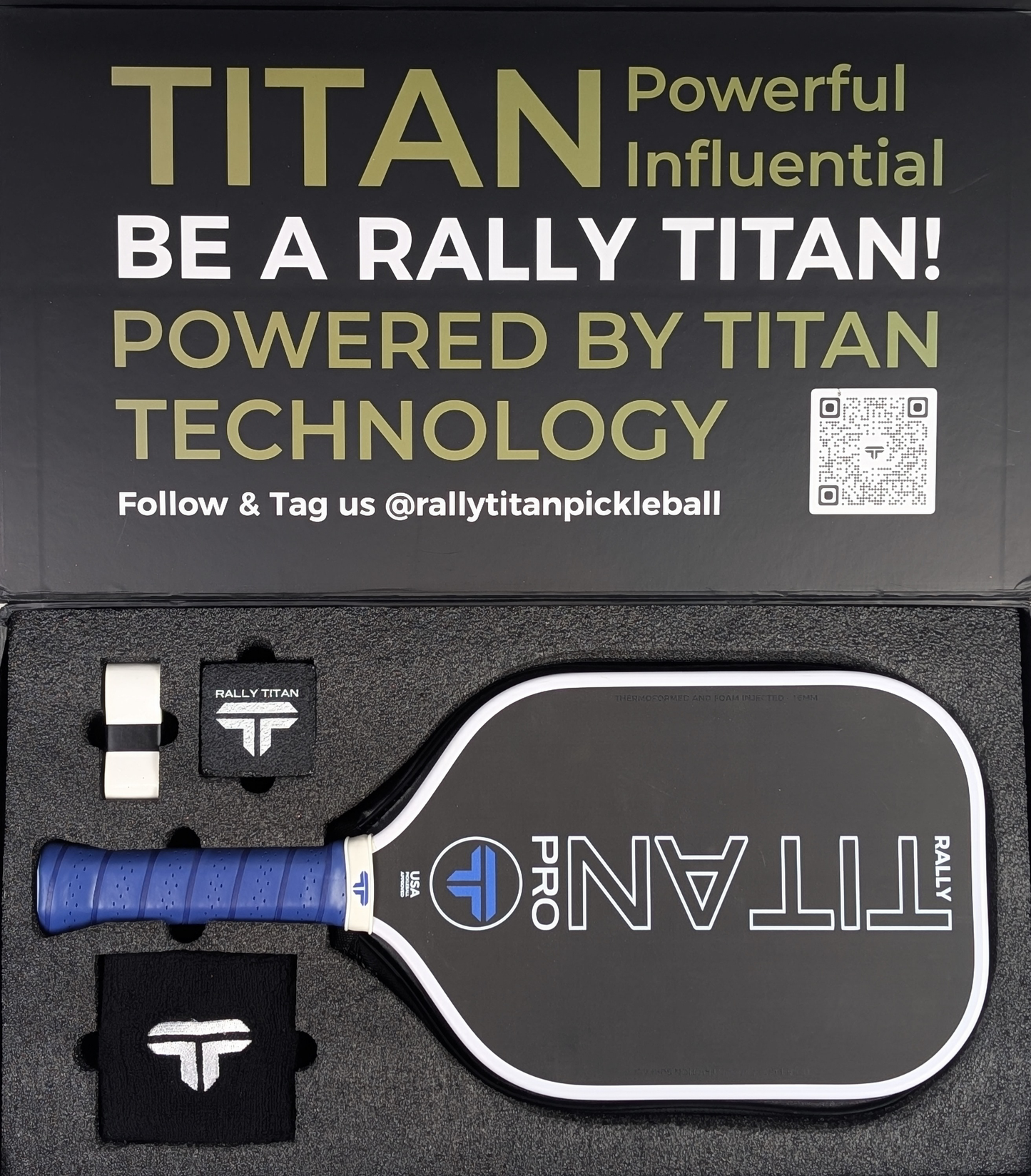Rally Titan Pickleball Titan Pro 16MM | Thermoformed Unibody Construction | Foam Injected Walls | T700 Titan Carbon Friction Surface | White with Blue Accents