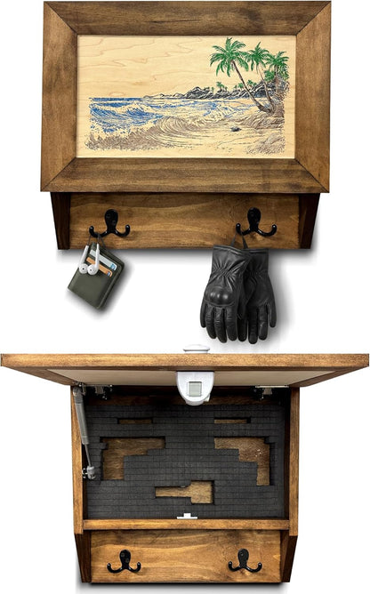 Bellewood Designs - Tropical Paradise Hidden Gun Storage Coat Rack with Hooks for Coats, Bags, & Hats - Quick Access Concealment Shelf with Magnetic Lock - Handcrafted Gun Concealment Furniture