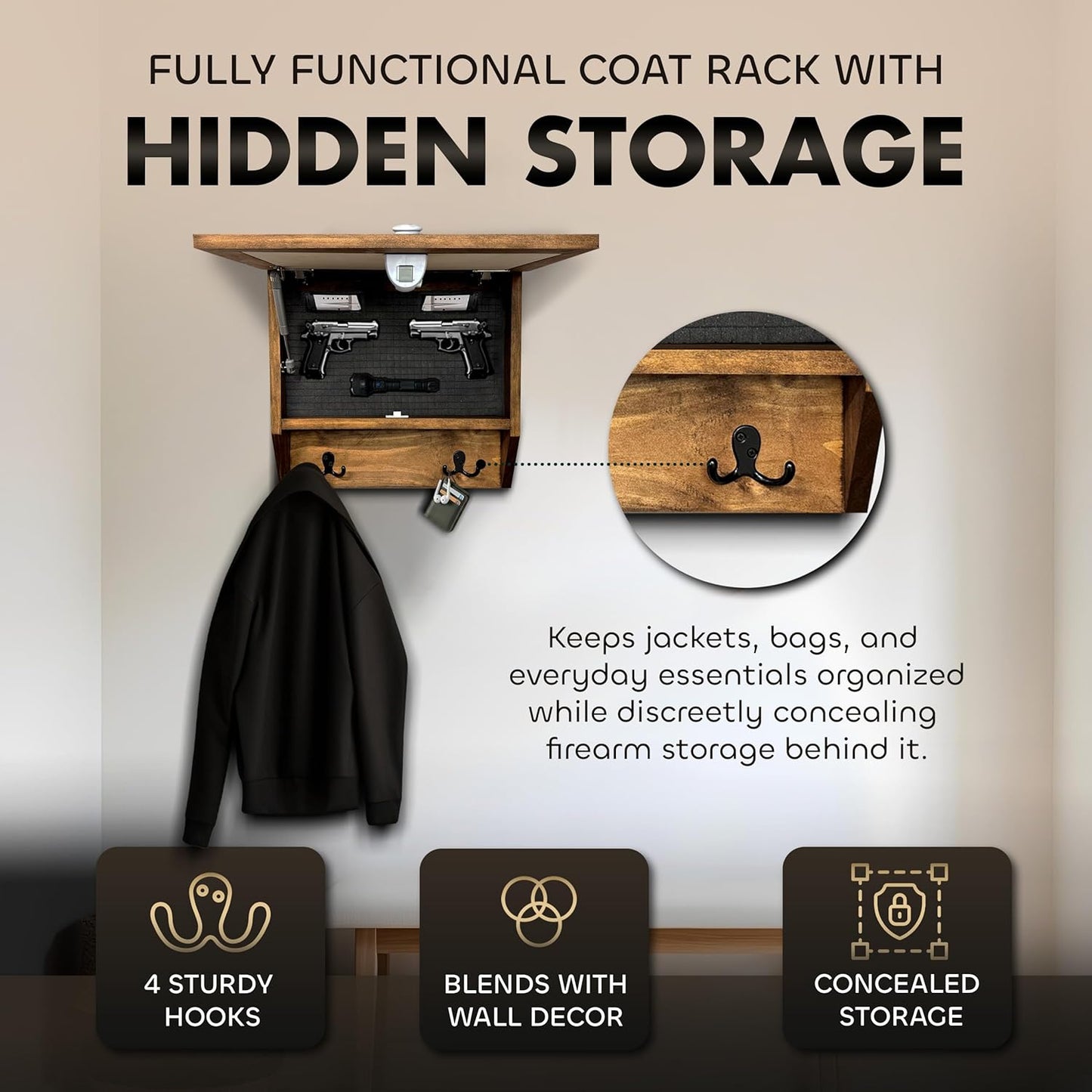 Bellewood Designs - Tropical Paradise Hidden Gun Storage Coat Rack with Hooks for Coats, Bags, & Hats - Quick Access Concealment Shelf with Magnetic Lock - Handcrafted Gun Concealment Furniture