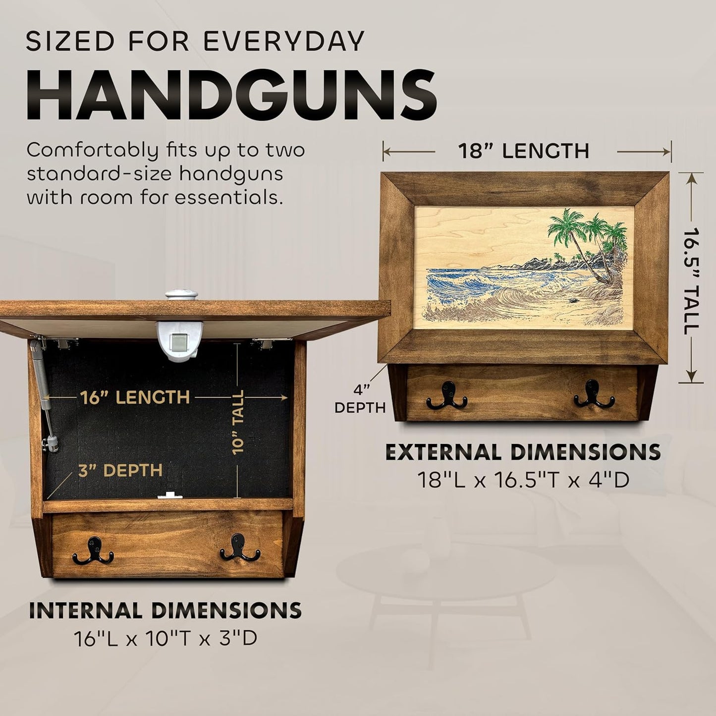 Bellewood Designs - Tropical Paradise Hidden Gun Storage Coat Rack with Hooks for Coats, Bags, & Hats - Quick Access Concealment Shelf with Magnetic Lock - Handcrafted Gun Concealment Furniture