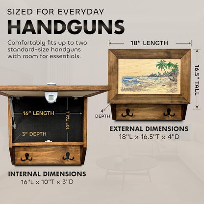 Bellewood Designs - Tropical Paradise Hidden Gun Storage Coat Rack with Hooks for Coats, Bags, & Hats - Quick Access Concealment Shelf with Magnetic Lock - Handcrafted Gun Concealment Furniture