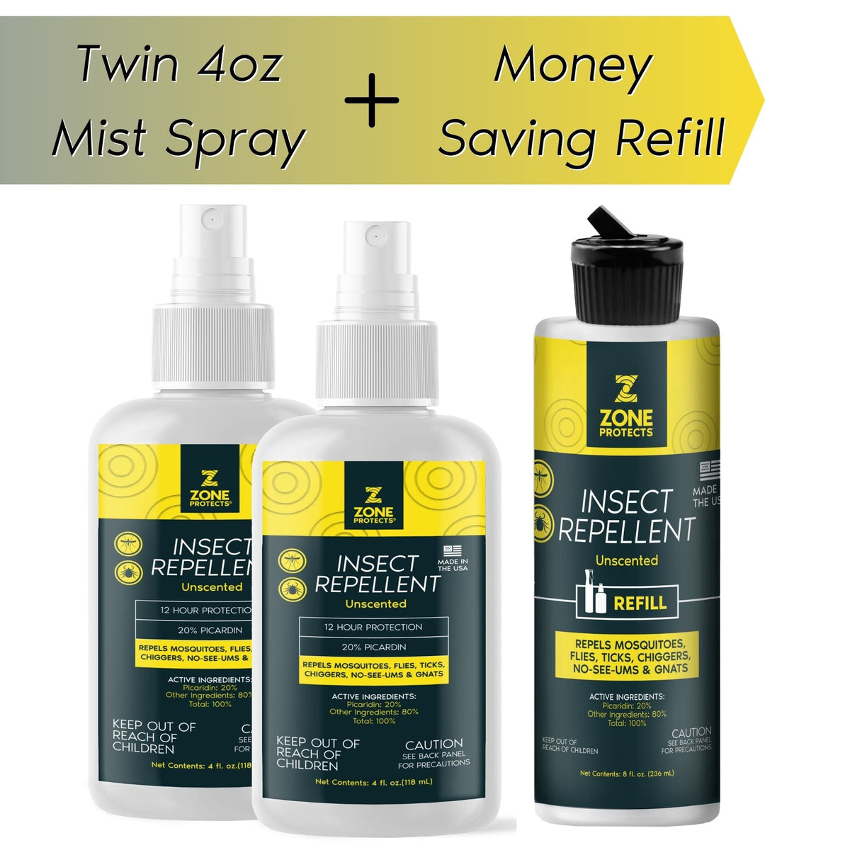 Zone Protects Insect Repellent, Picaridin Unscented Bundle 2 Pack of 4oz + Refill