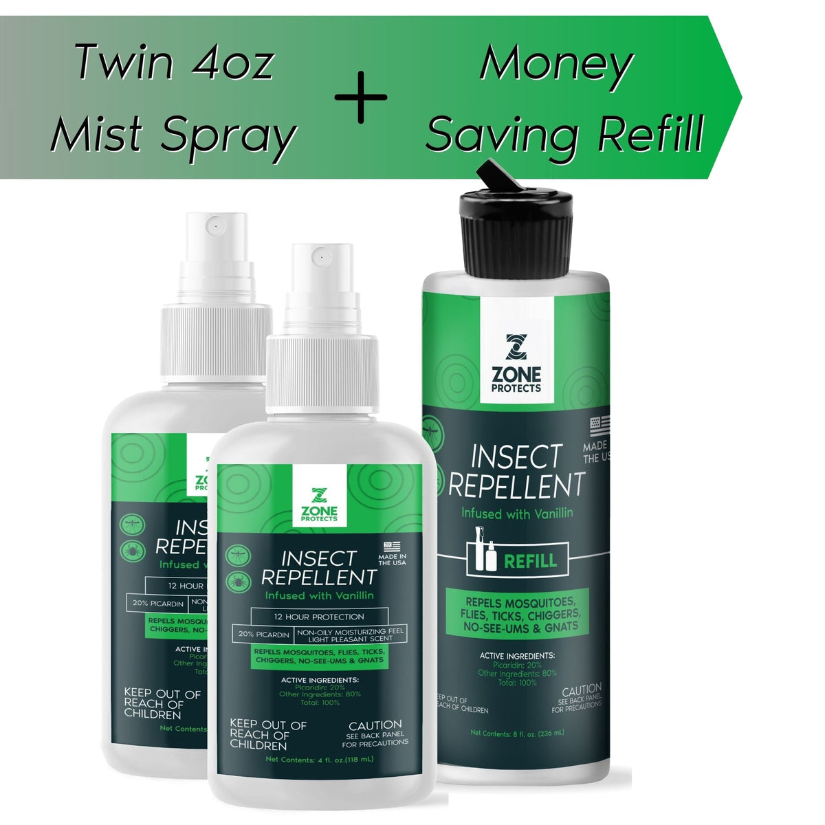Zone Protects Insect Repellent, Picaridin, Scented Two Pack + Refill