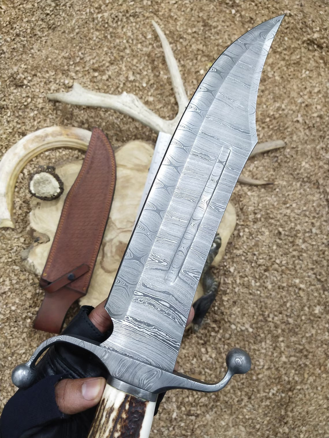KBS Knives Custom Handmade Bowie Knife with Twisted Damascus Steel Blade and Antler Horn Handle - 15 Inches